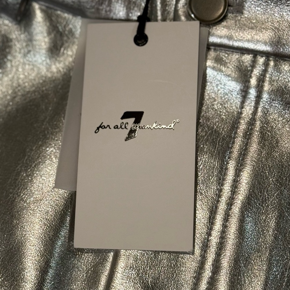 NWT 7 for All Mankind Metallic Silver Faux‎ Leather Midi Skirt Sz XS - Picture 6 of 10
